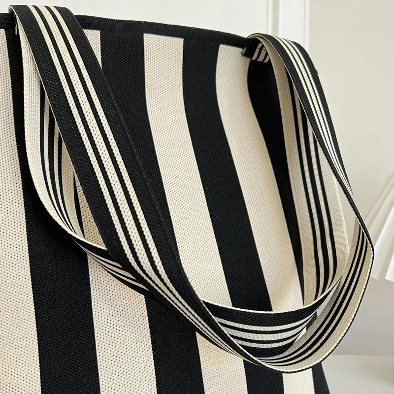 Fashion Women Simple Black White Striped Canvas Bag Casual Large Capacity Shoulder Womens Beach Bag Shopping Tote Bag Handbag 250311