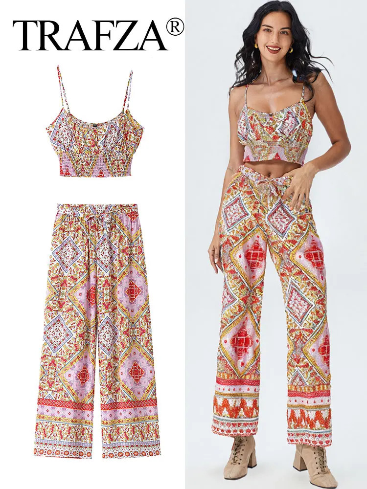 TRAFZA Womens Retro Geometric Print Set Sleeveless Sling Elastic Bottom TopHigh Waist Lace Wide Leg Spring Ethnic Style 250313