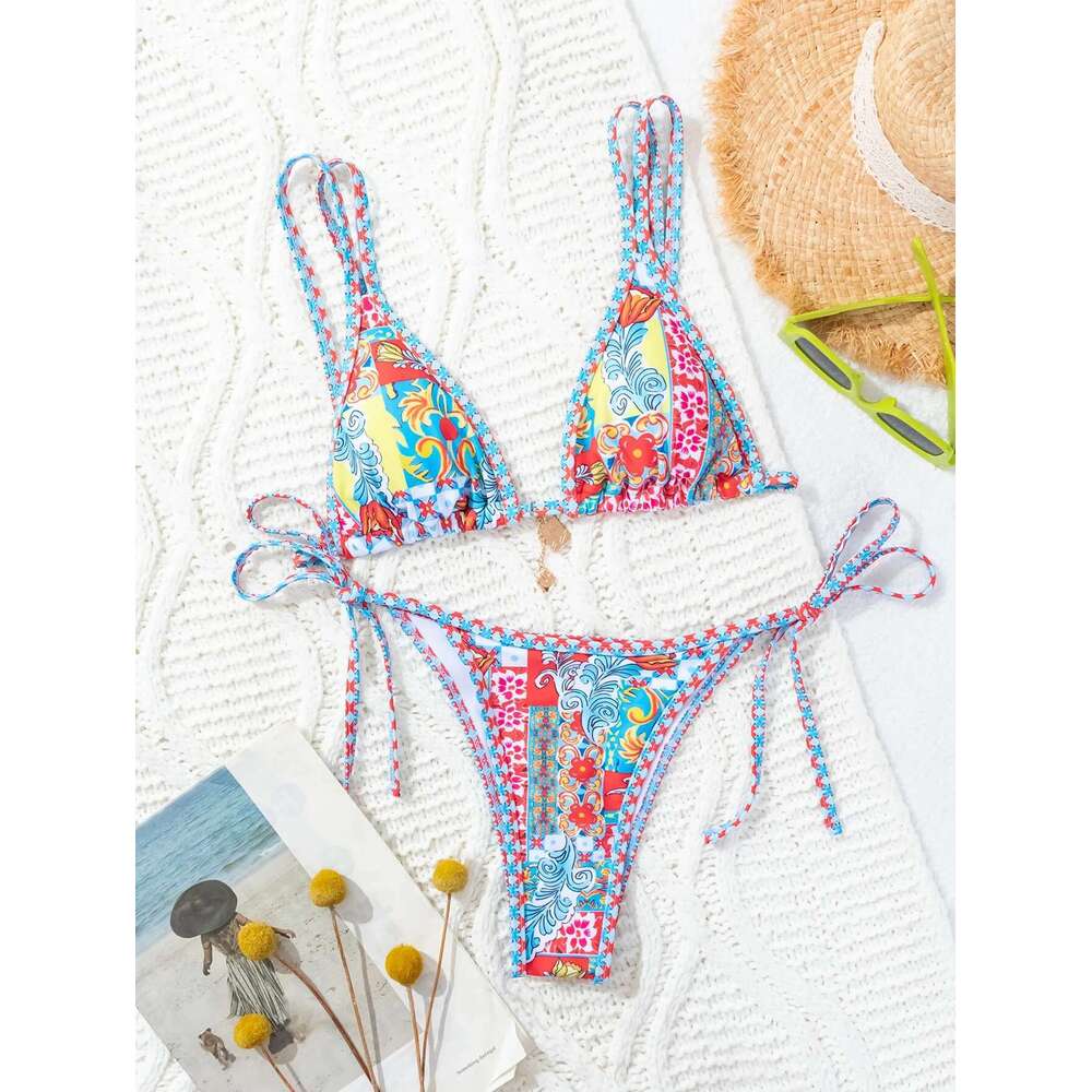 Colorful printed bikini set for women, sexy string, triangle bra, 2-piece swimsuit, straps, bare back, beach, holiday, swimsuits, 2024