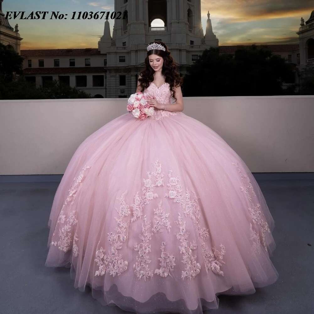 Evolt custom pink ral quinceanera layered ball dress lace appliques beads mexico sweet 16 dresses 15 years sq773