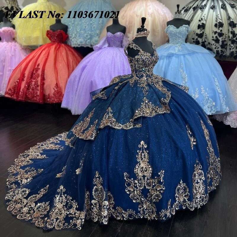 2025 navy blue quinceanera prom dress gold sequins lace appliques beads corset sweet 16 dresses 15 years