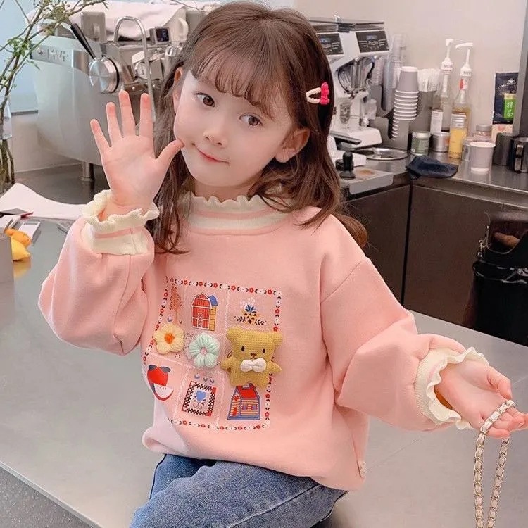 Ddmyshoesvip Velvet Hoodie Winter New Style Girls Stylish Black Fungal Edge Half High Neck Children S Thick Warm Top