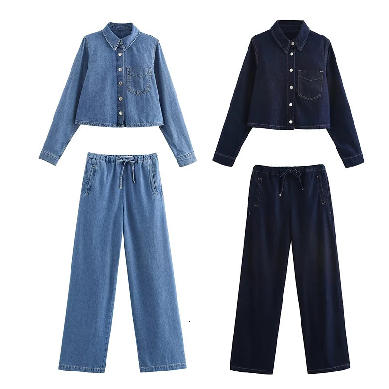 Willshela Womens Fashion 2piece Set with Pocket Denim Solid Jacket and Retro Elastic Waist Trouser Femle Chic Pants 250313