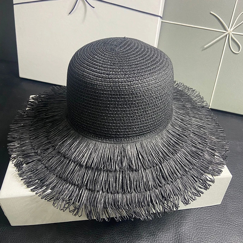 Fashion Wide Brim Womens Dome Tassel Straw Hat Sun Hat Beach Hat Sun Protection Jazz Hat Bucket Hat 250314