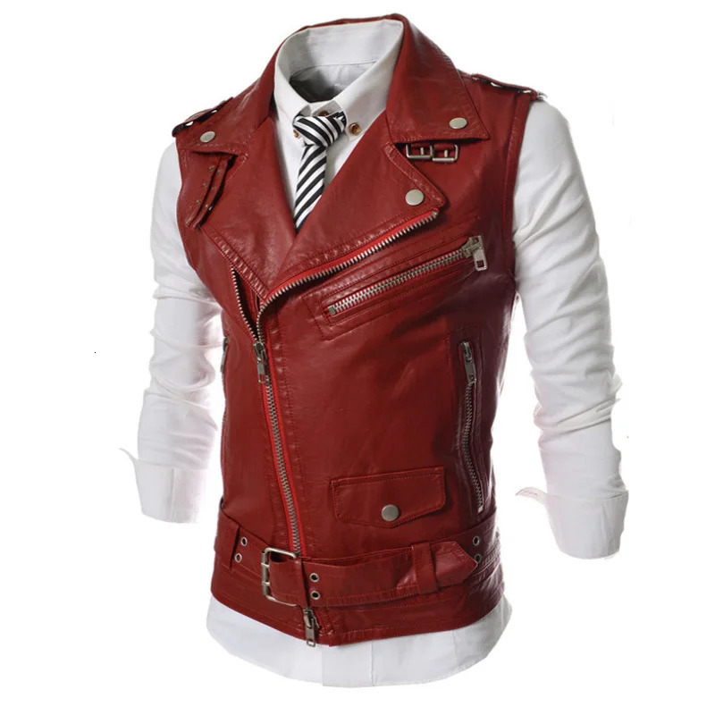 Causal Mens Vest Red Fashion Vintage Zipper Leather Slim Fit Waistcoat Motorcycle Sleeveless Jacket for Daily Wear 250310