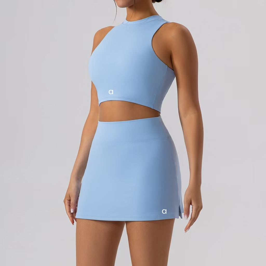 2025--Womens Yoga Sets Outfit Sets Skirts Vest Tennis Sleeveless Workout Gym Skirt Suit High Waist Sportwear For Running