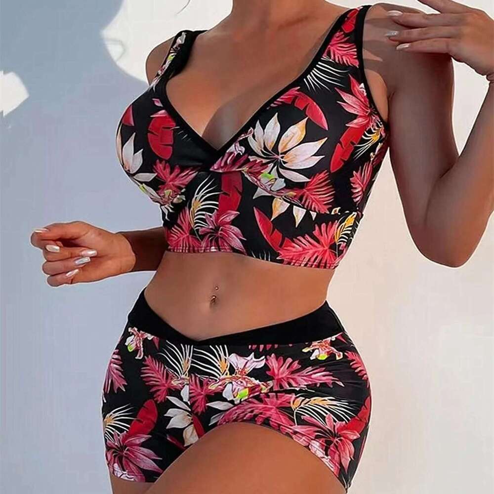 Two-piece printed swimsuit for women, high waist bikini, wide straps, push-up bra, summer clothing in