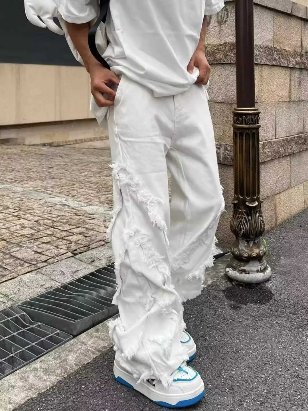 American style Erosion Damage Primitive Edge Street Jeans Harajuku Style Hip Hop Dance Straight White Jeans Womens Y2k ClothingT250319