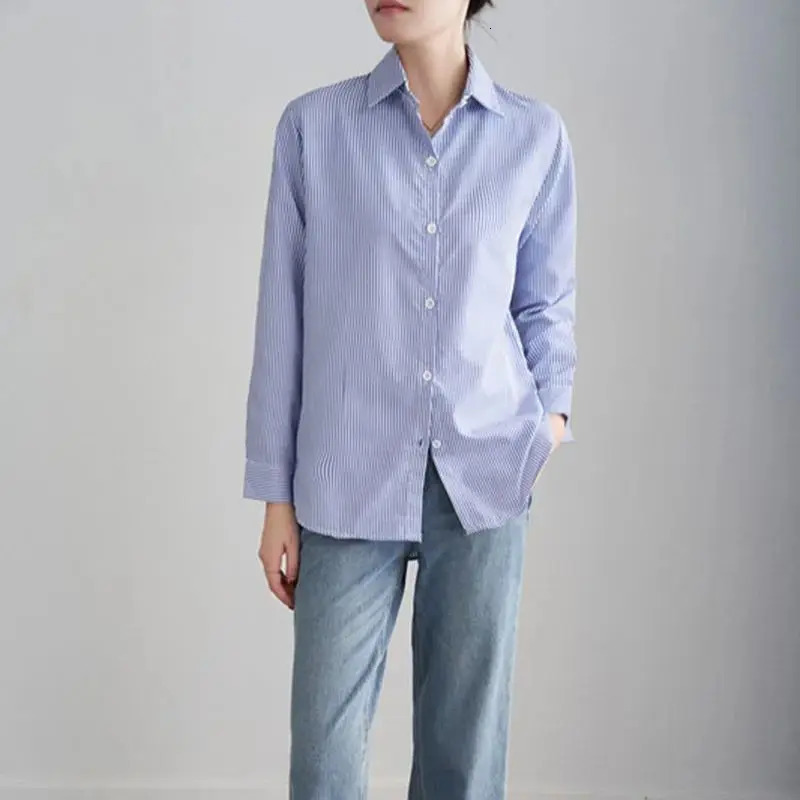 Blue Striped Shirt For Women Loose Spring Autumn Casual Long Sleeves Shirt Fashion Clothes For Ladies Office Lady Wear 250310