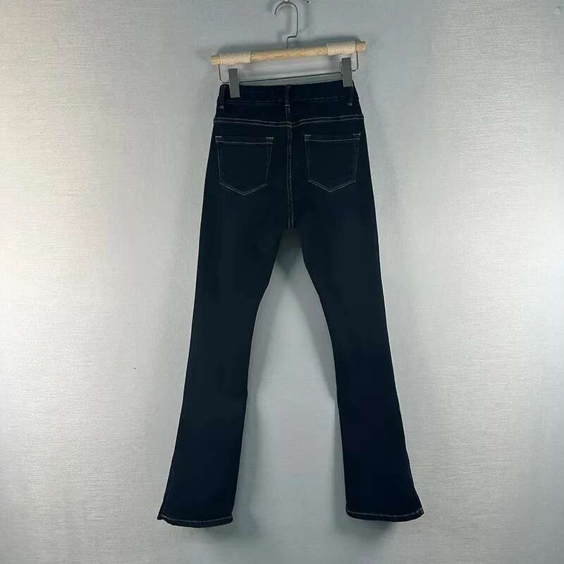 Dark Blue Split Flare Jeans Slim Office Women's Elegant Trousers