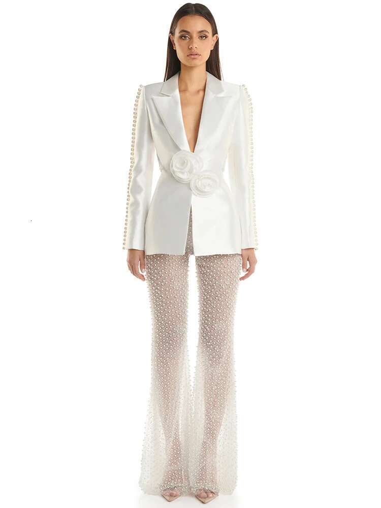 HIGH STREET Newest 2024 Designer Runway Women's Wers Appliques Hollow Out Blazer Gauze Beaded Perspective Pants Suit Set 2Pcs