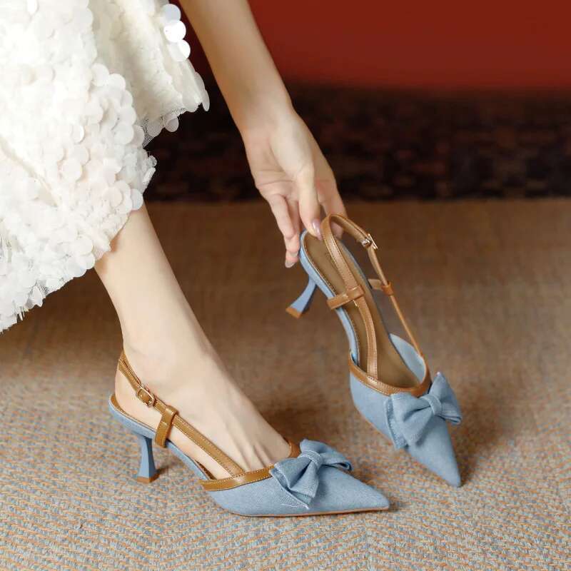 Denim Blue Summer High Heel Women's Sandals Fashion Butterfly-Knot Mules For Ladies Party Dress Shoes
