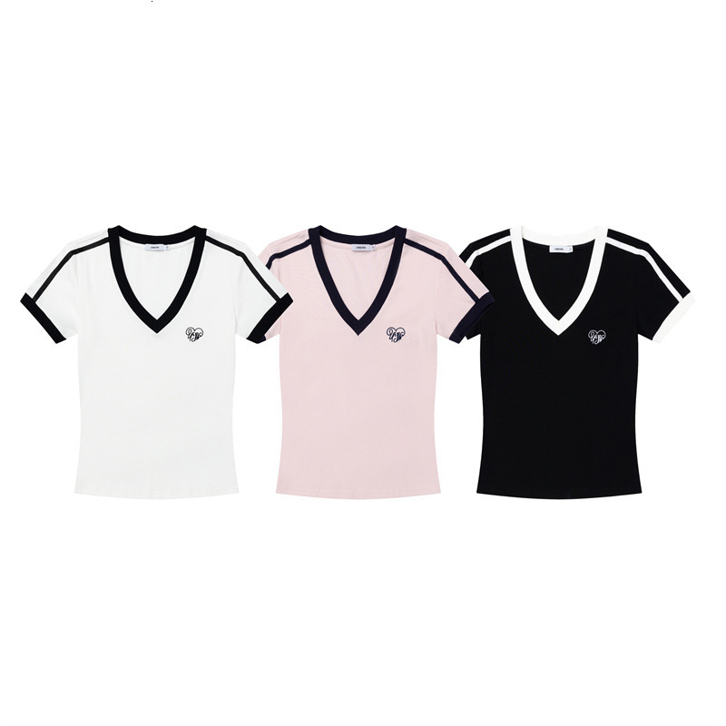 Nariele Embroidered Contrasting Color V-Neck Design Slim Fit Short Sleeved T-Shirt For Women 2025 Summer Casual Hot Girl Top