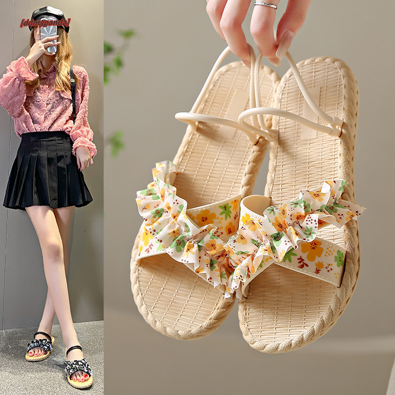 New floral slippers women, versatile for summer wear, women's flat bottomed non slip female student fashion sandals, beach shoes ddmypanda