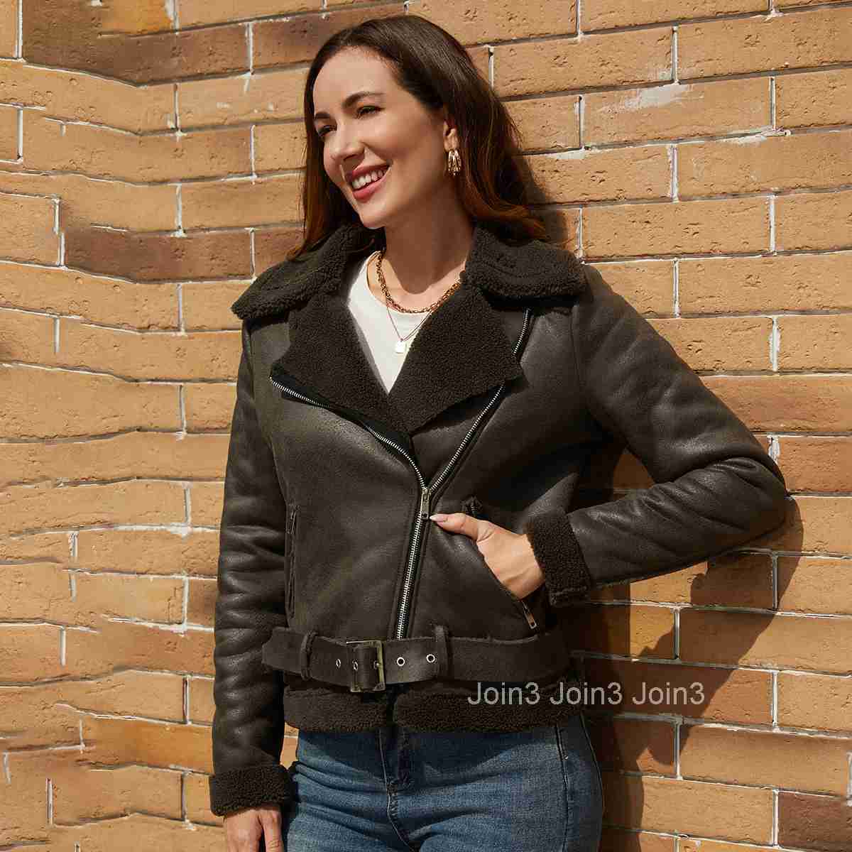 Fashion Autumn/winter Fur Integrated Warm Womens Suede Jacket Leather Coat Womens Lapel Coat with Belt