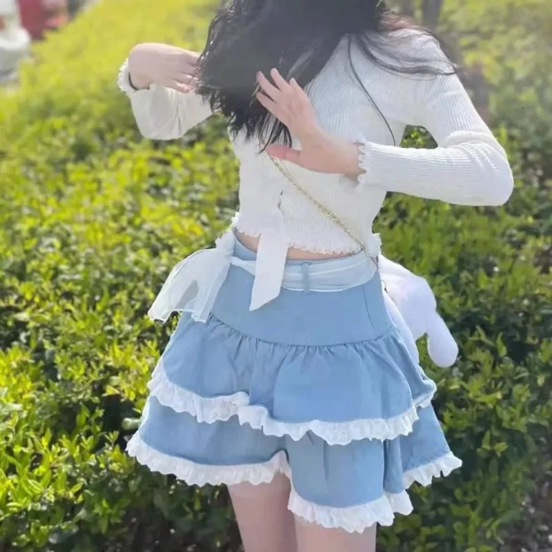 Summer Japanese Y2k Lace Cake Skirt Subculture Girl Demin Pompadour Skirts Layered Ruffle Fluffy Lolita Women Casual Mini 250310