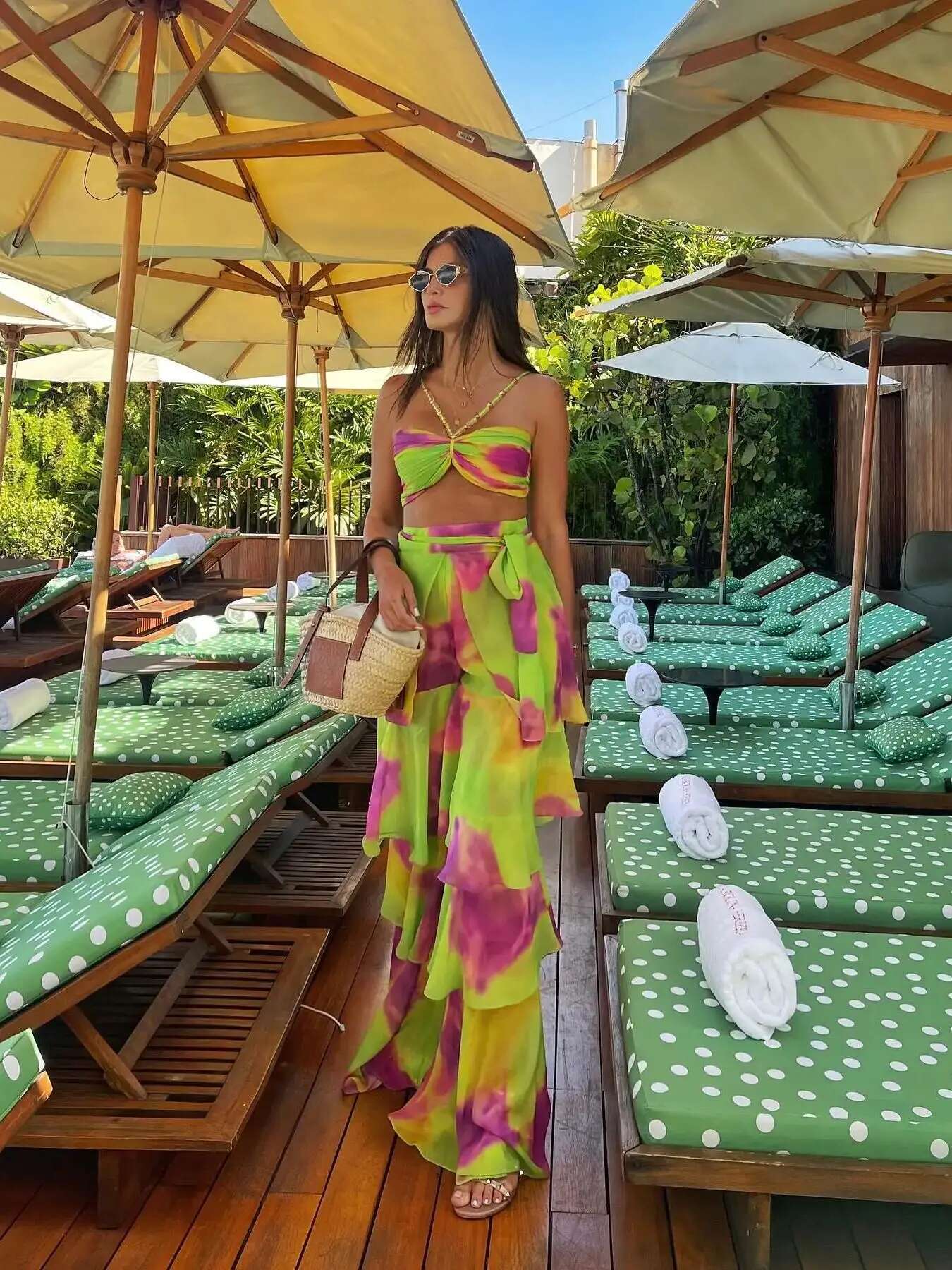 Sexy Print 3 Pics Women Bikini Set With Pleated Bra High Waist Hollow Out Wide Leg Pants Suit Summer Beach Swimsuit
