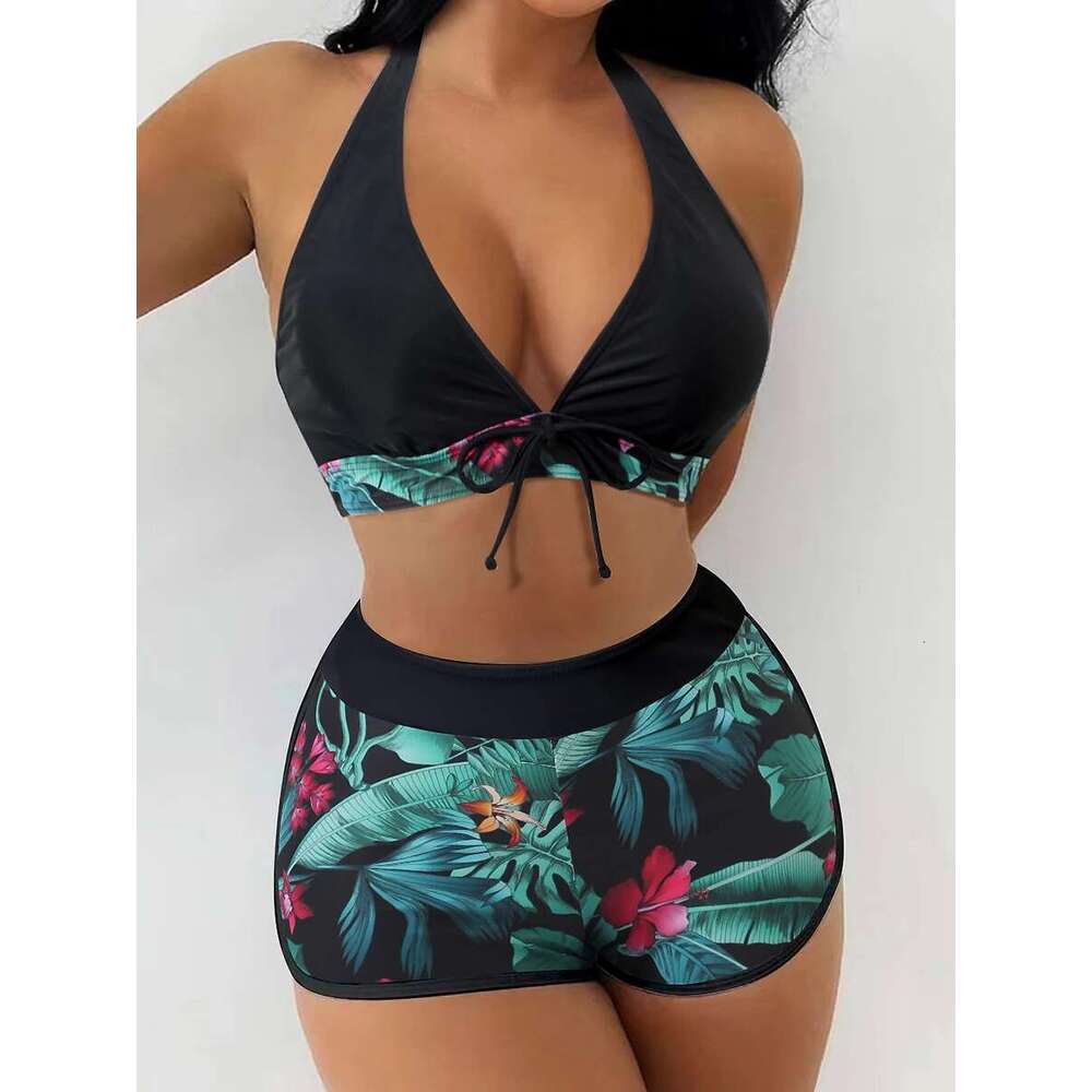 Women's short swimsuit, camisole collar, two-piece set, high waist, printed, swimsuit, beachwear, 2024