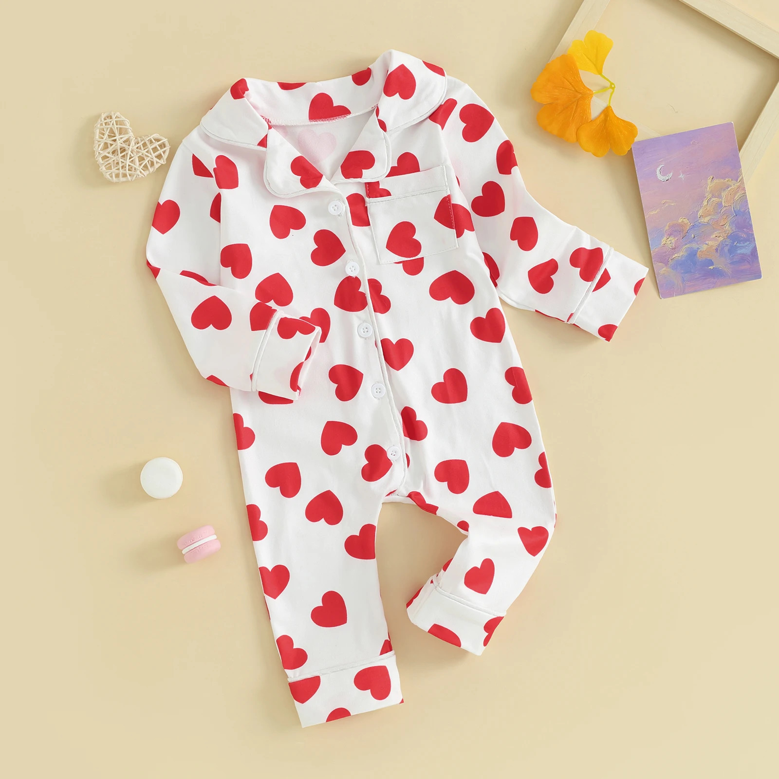 Long Sleeve Baby Boys Girls Sleepwear Pajamas Jumpsuits Lapel Collar Heart Print Button Up Rompers born Loungewear Clothes 250314