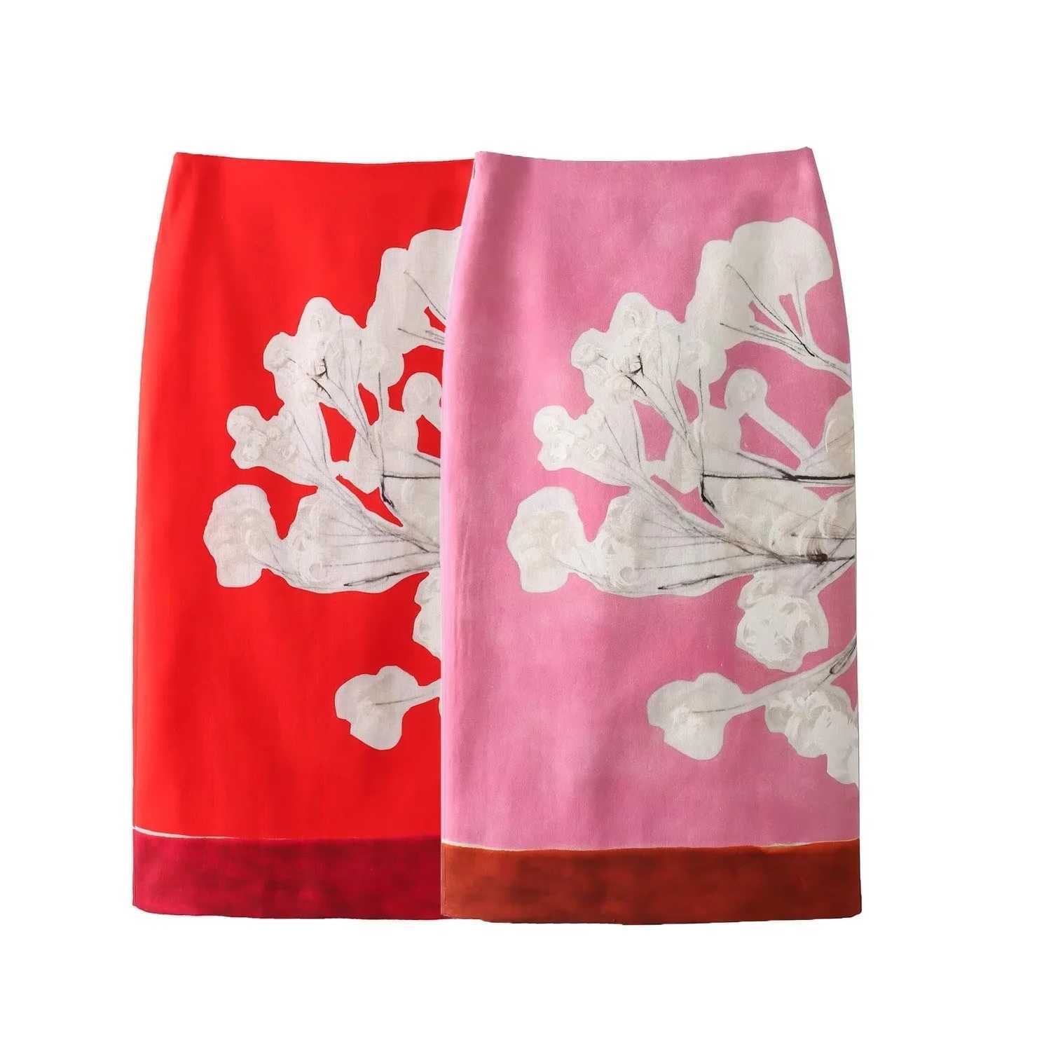 Skirts KAOPU ZA Womens Elegant Red Skirt Side Zipper Back Seam Straight Skirt Womens Linen Printed Blended Straight Skirt Half Skirt Y2503142S6N