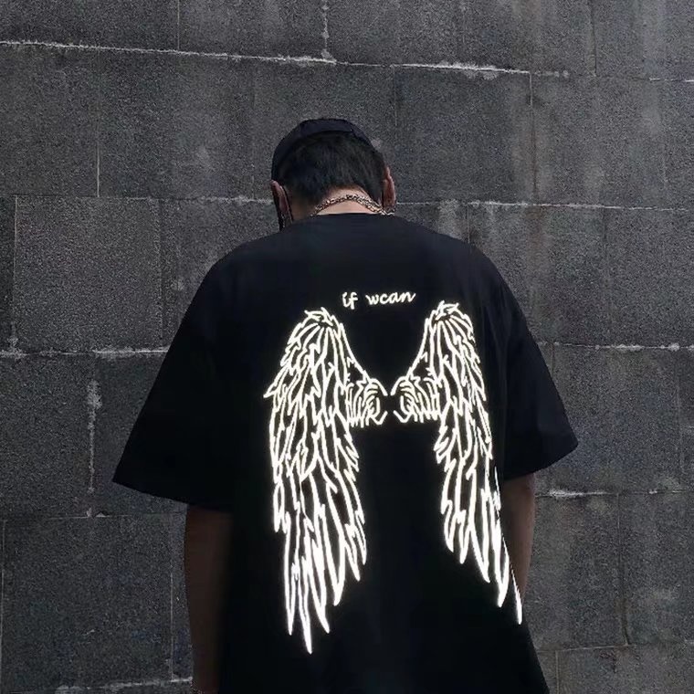2025 Summer Korean T-shirt Designer's New Men's And Women's Large Shirt Short Sleeve Reflective Angel Wings Printed Couple's Top O