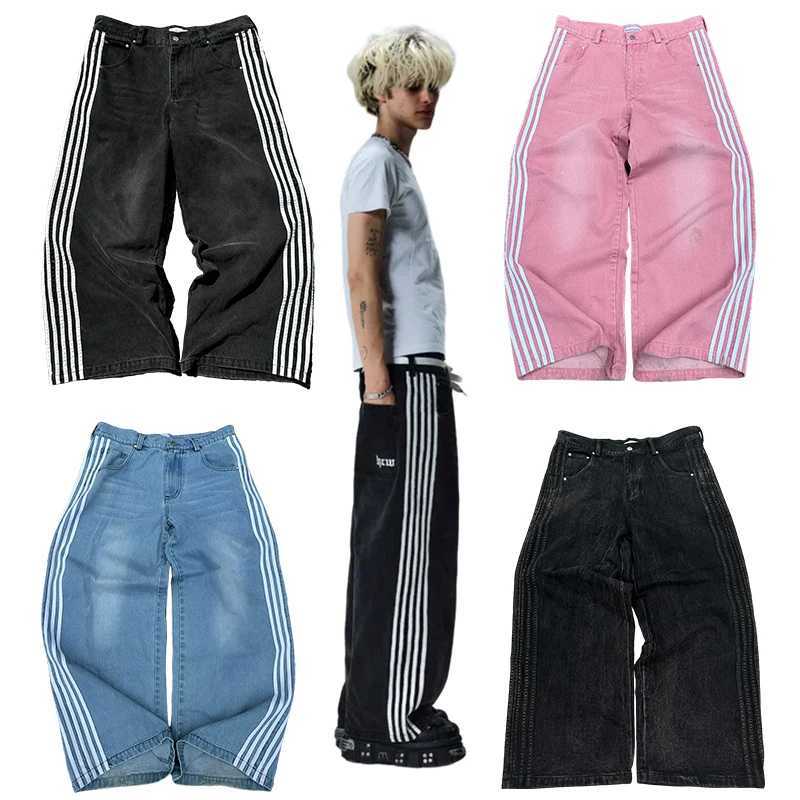 Y2K mens loose jeans womens simple striped embroidered Harajuku sports pants hip-hop streetwear casual retro wide leg jeansT250319