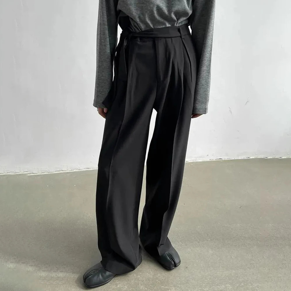 Harajuku Belted Suit Pants Mens Fashion Oversize Casual Trousers French Loose Wide Leg Streetwear Male Blazer 250313