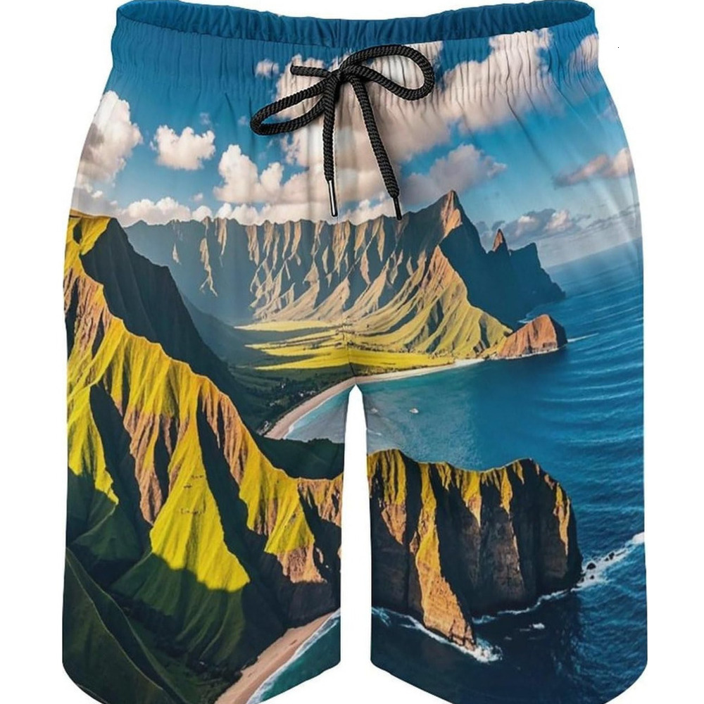 Mens Swim Trunks with Seaside Mountain Skyline Beach Shorts Quick Dry Drawstring Board Shorts with Pocket