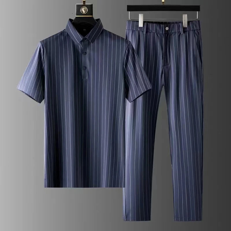 Short-sleeve Thin Stripe Shirt Trousers Two-piece Suit Mens Short Sets Business Casual Outfits Men Summer Clothing 250314