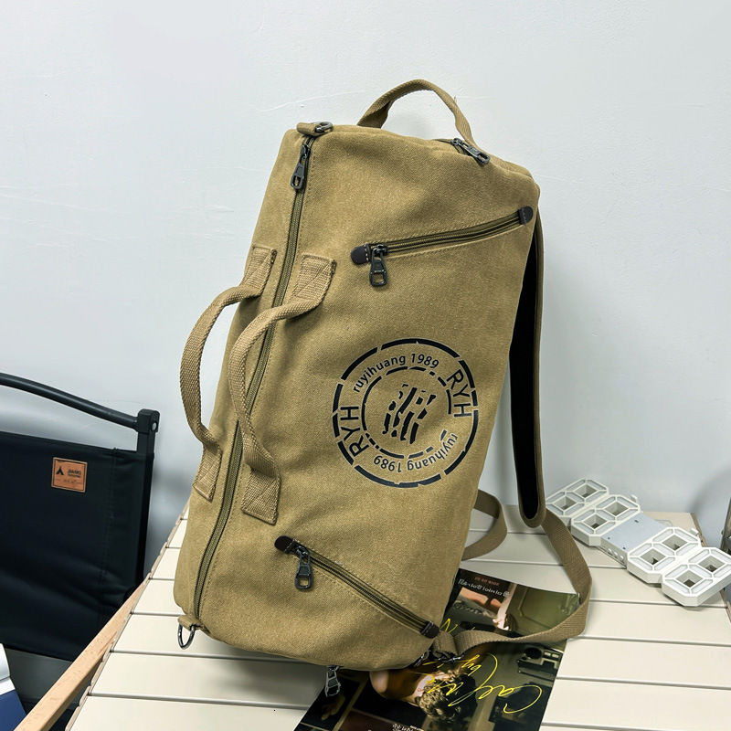 Bucket canvas shoulder backpack casual men's women's hand-held business travel backpack, cylindrical crossbody, sports and fitness designer
