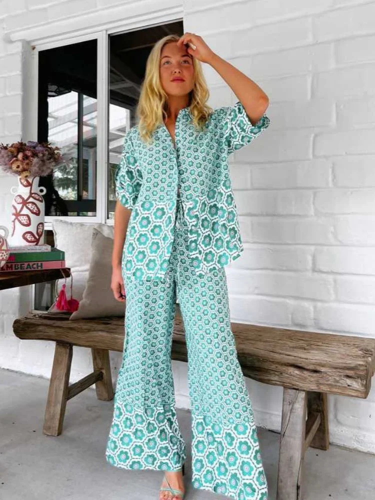 Bohemia Floral Print Loose Beach Pants Sets Women Causal Short Sleeve Shirts Two Piece Female Summer Outfits Streetwear 250313