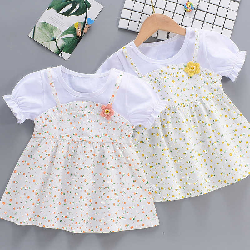 Girl's Dresses Girls' dress 2025 summer new short sleeved thin style western-style baby girl fake two-piece suspender floral dress