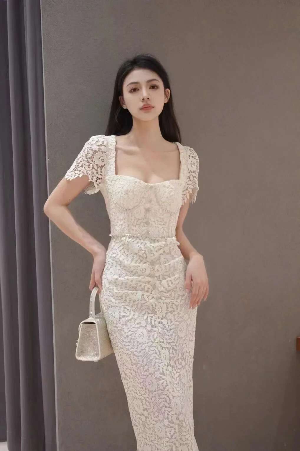 Women's White Sexy One-Word Collar Slim Lace Hollow Waist Lady Elegant Birthday Party Maxi Dress Female