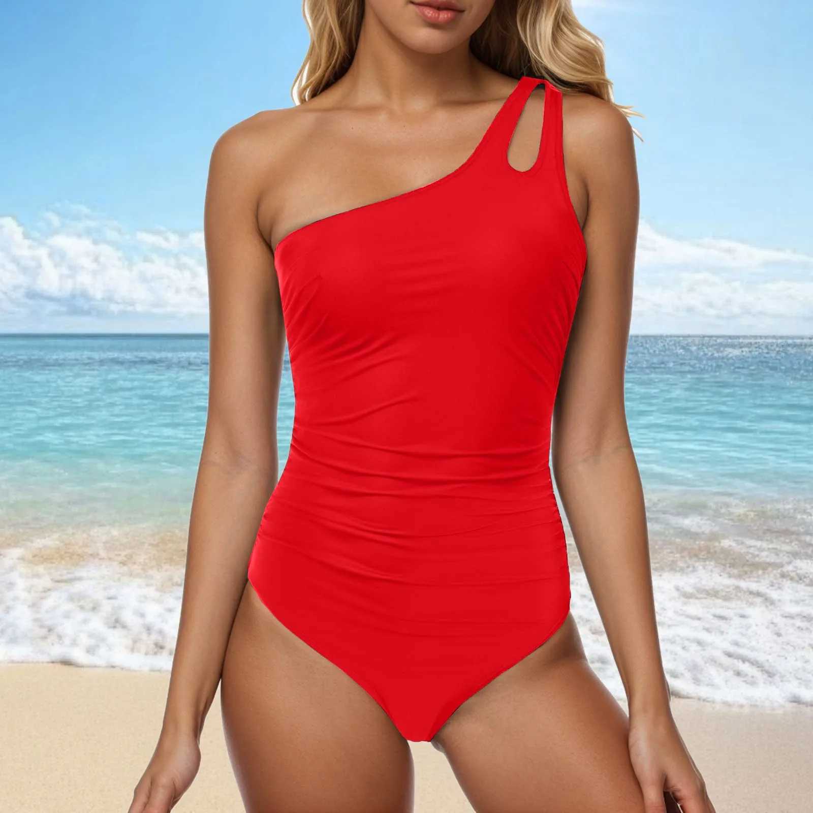 Womens One-Piece Swimsuit Slanted Shoulders Hollowed Out Asymmetric Conservative Full Coverage Tankini Swimwear Tummy ControlXJ250315