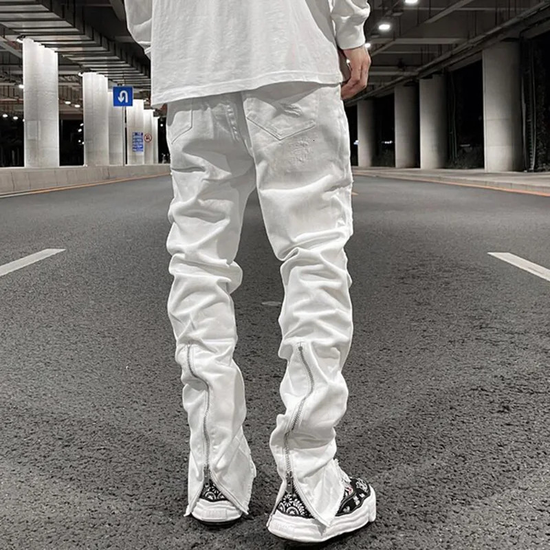 Harajuku back zipper hole torn white jeans mens straight wash retro oversized streetwear casual denim Trouser 250313