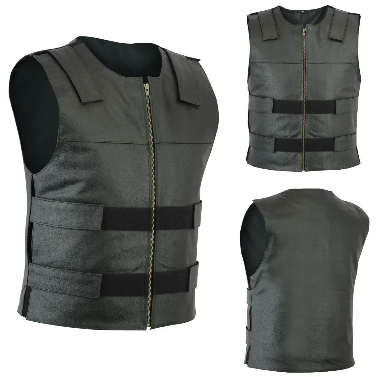 Mens Leather Vest V-neck Single Breasted Side Zipper Strap Short Sleeveless Top 250310
