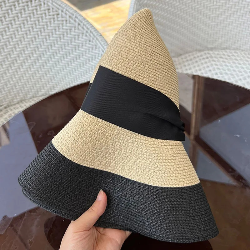 Classic wide Brim womens sun hat black ribbon with summer straw hat rotating Brim church hat set holiday derby hat 250314