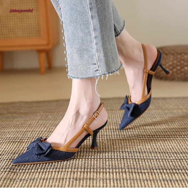 Baotou Sandals Women's 2025 New Summer Fairy Match Skirt Bow Shallow Mouth Single Shoes Pointed Narrow High Heels ddmypanda