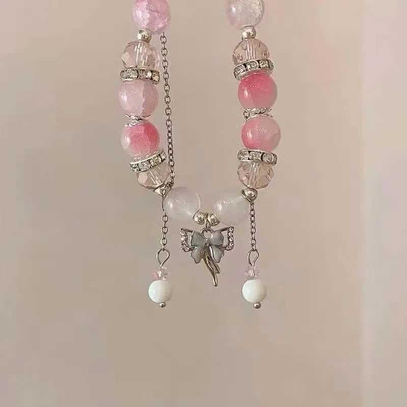 Korean Pink Crystal Flowers Butterfly Pendant Beaded Bracelet For Women Sweet Beaded Chain Bracelet Jewelry GiftsXJ250315