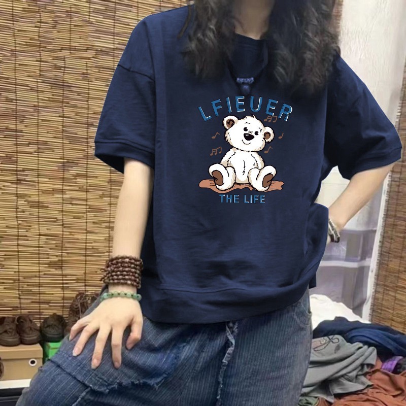 Navy Blue Shoulder Short For Women's Summer 2025 New European Style Large Edition Loose Half Sleeved T-Shirt Top