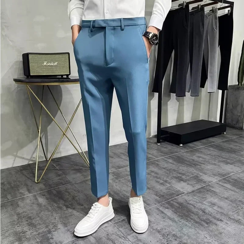 Mens Dress Pants Summer Fashion Dark Green Suit Pure Color Business Slim Fit Office Tight Cropped Trousers 250313