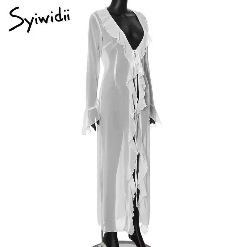 Syiwidii Irregular Ruffles Women's Chic V Neck Long Sleeve Lace Beach Dress Summer 2024 Fashion Lady Vacation Cover Up