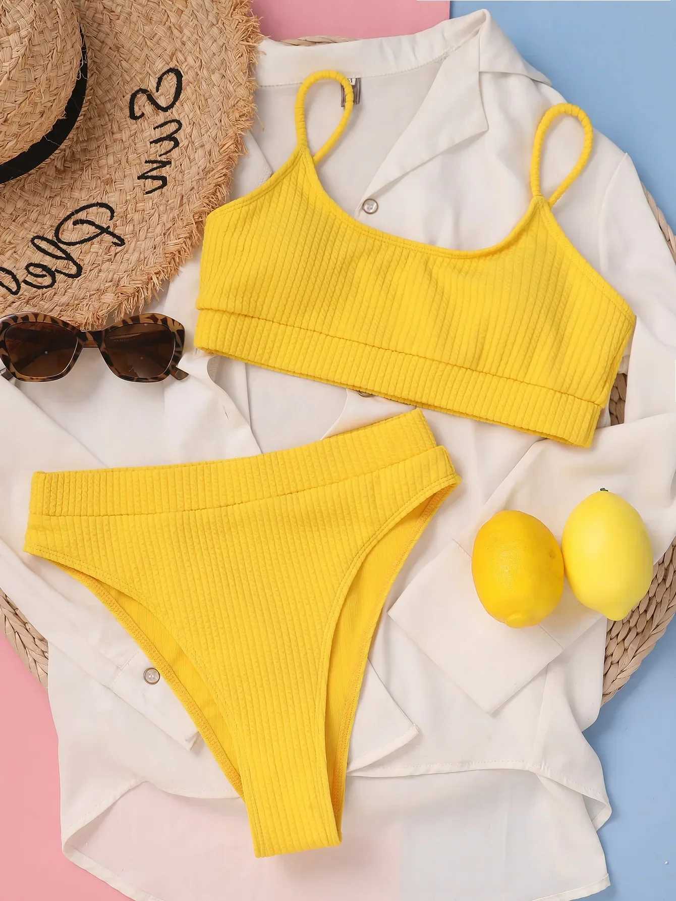 Sexy solid yellow bikini 2024 flawless high cut patch womens swimsuit independent beach swimsuit high waist swimsuit Biquini newXJ250315
