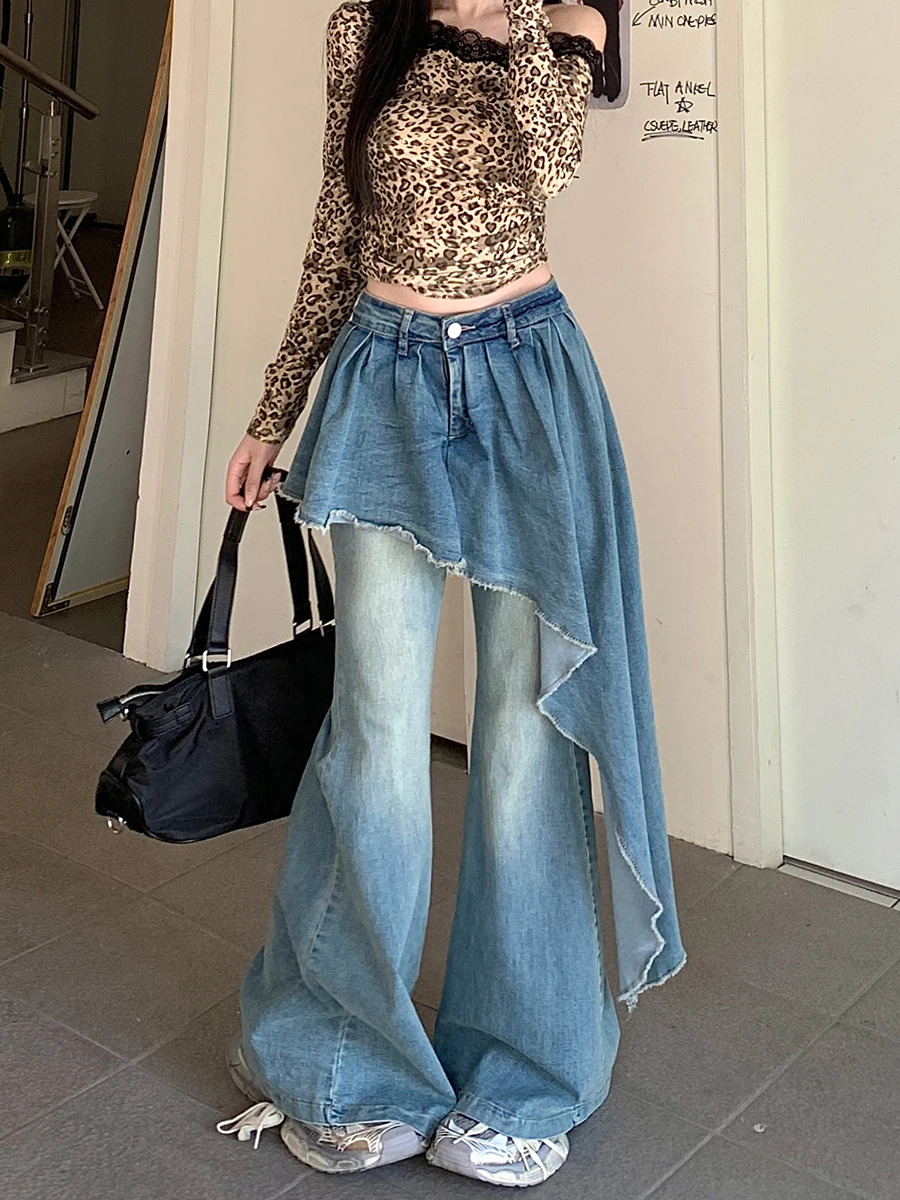 REDDACHiC Twopiece Women Flare Jeans Asymmetric Trailing Skirt Overlay Raw Edge Boot Cut Wide Pants Vintage Y2k Streetwear 250310