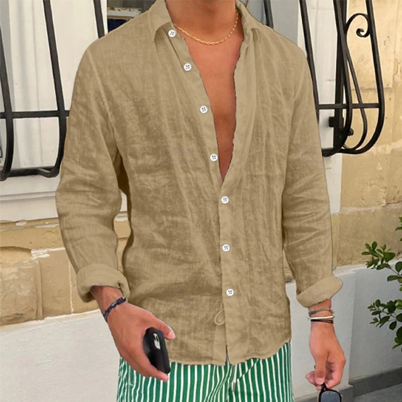 Spring casual linen shirt mens long sleeved button up and down lapel shirt seaside beach retro mens solid color cardigan 250314