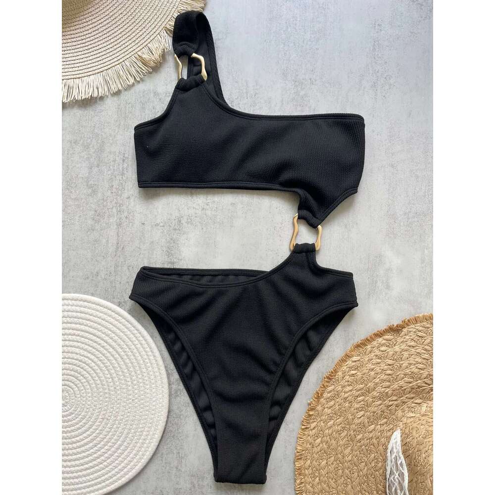 Women's one-piece swimsuit with cutting ring on the front, high waist, shameless, monokini, asymmetrical off shoulder, ribbed design