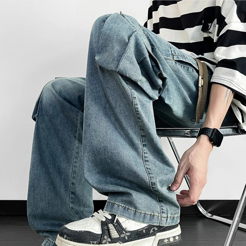 Spring Summer Casual Cargo Cotton Straight Jeans for Men Clothing Big Pockets Drawstring Loose Men Pants YBJYF-2587 250314