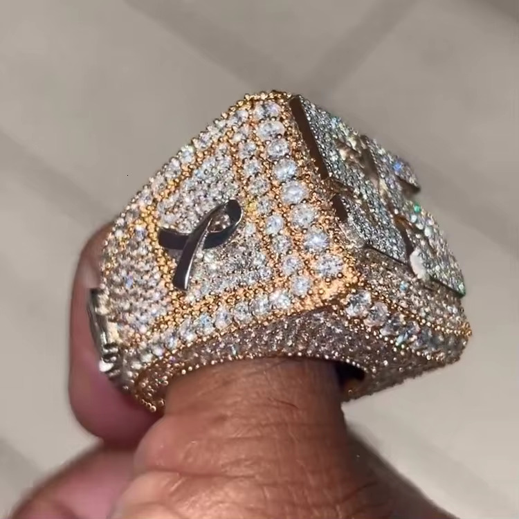 Two Tone Iced Out Moissanite Diamond Ring Hip Hop Fine Jewelry Ring for Men Custom 925 Silver Championship Letter Hand Ring Set