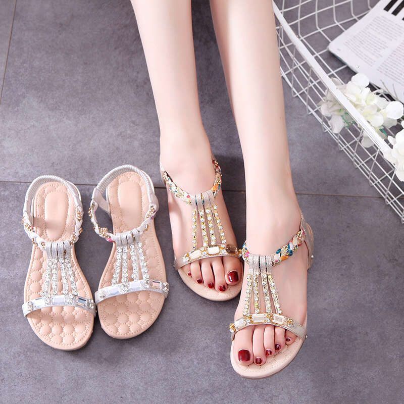 Soft soled sandals summer flat 2024 new item, women's anti slip, versatile for pregnant women, student rhinestone bohemian outerwear