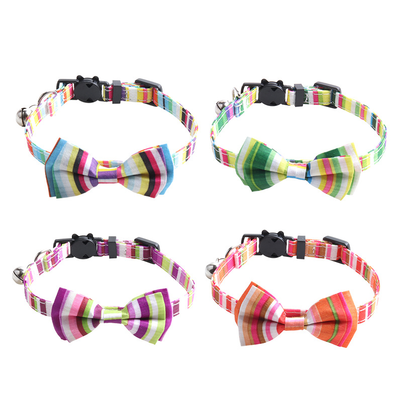 Colourful Cat Collar with Bells, Breakaway Kitty Bowtie Collar, Adjustable Colorful Striped Color Scheme Bow Tie Collar Soft Comfy Cat Safety Collar B